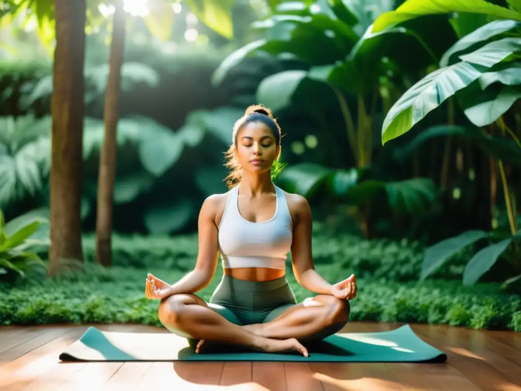 Persona meditando en la naturaleza con app de manejo del estrés y tecnología integrada