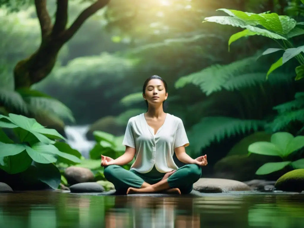 Persona meditando en la naturaleza, transmitiendo calma y equilibrio