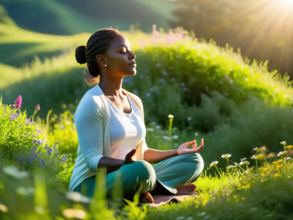 Persona meditando en la naturaleza, transmitiendo paz y conexión