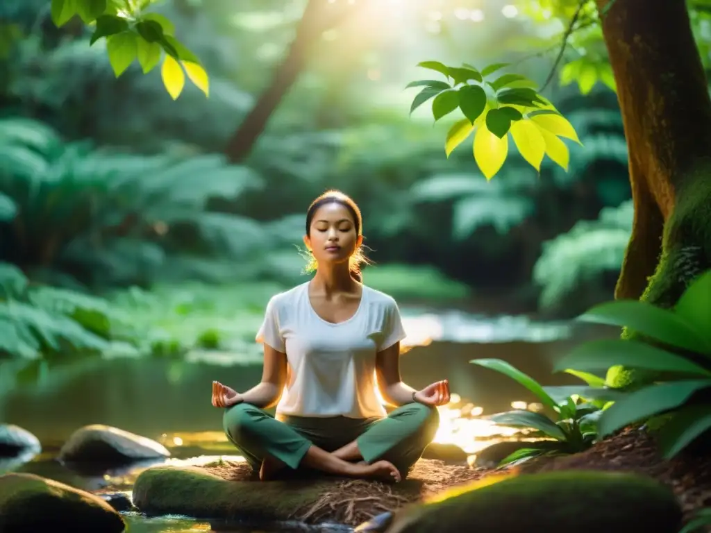 Persona meditando en la naturaleza, rodeada de vegetación exuberante y arroyos tranquilos