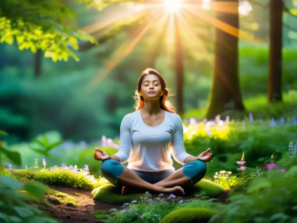 Persona meditando en la naturaleza, rodeada de flores y luz cálida