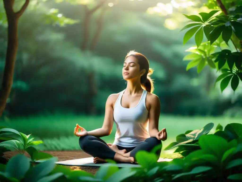 Persona meditando en la naturaleza, rodeada de vegetación, en posición de yoga