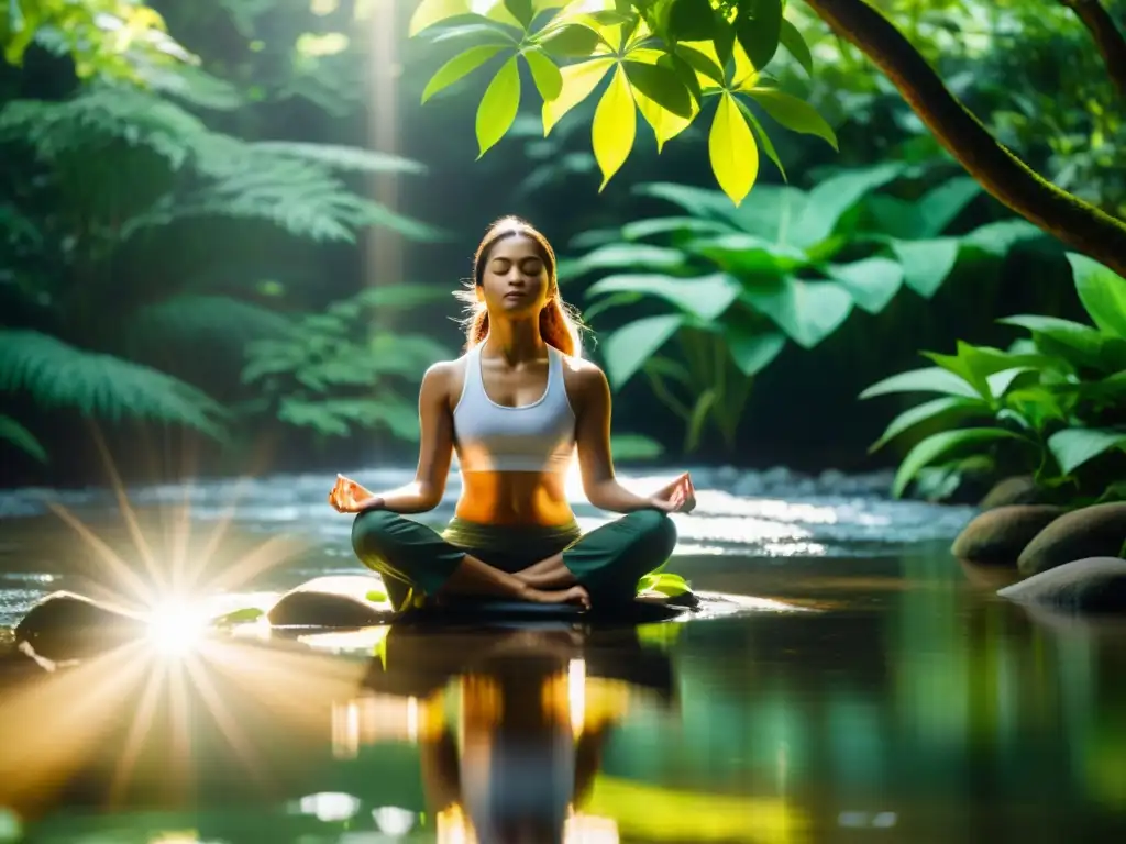 Persona meditando en la naturaleza, rodeada de verdor y agua