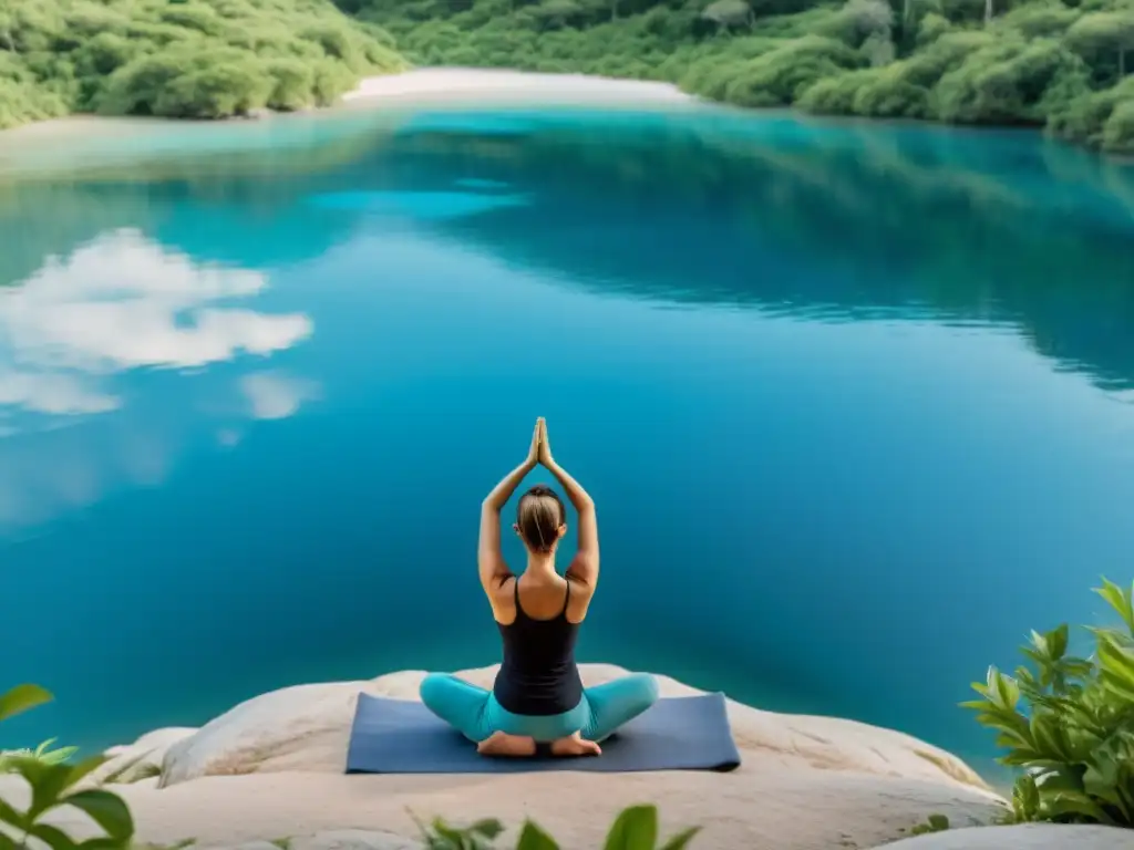 Una persona practica Yoga Nidra en un entorno natural sereno, rodeada de vegetación exuberante y aguas tranquilas