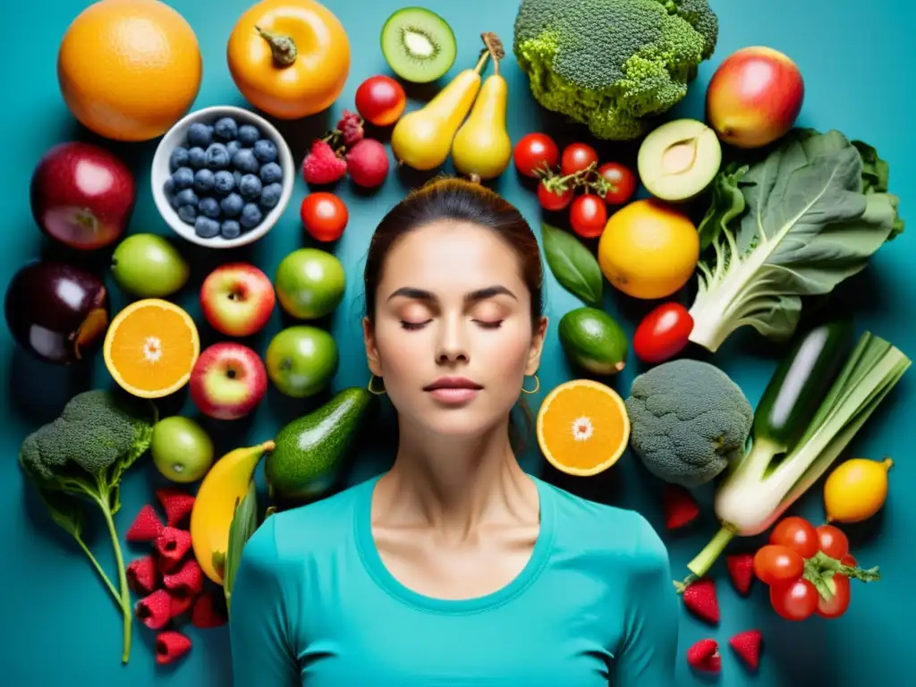 Persona en paz practicando el ayuno intermitente, disfrutando de una comida balanceada rodeada de frutas y verduras antioxidantes