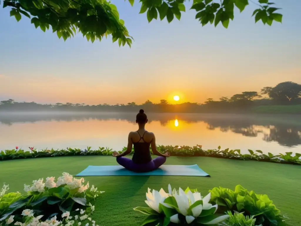 Una persona practica yoga al amanecer, reflejando paz y fortaleza