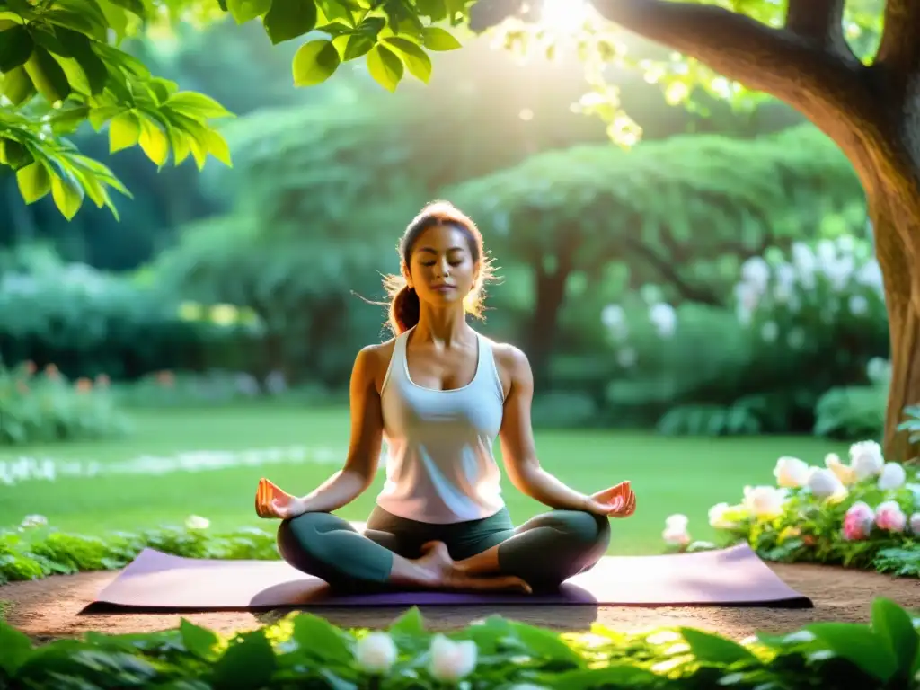 Persona en paz practicando yoga en jardín exuberante, rodeada de flores