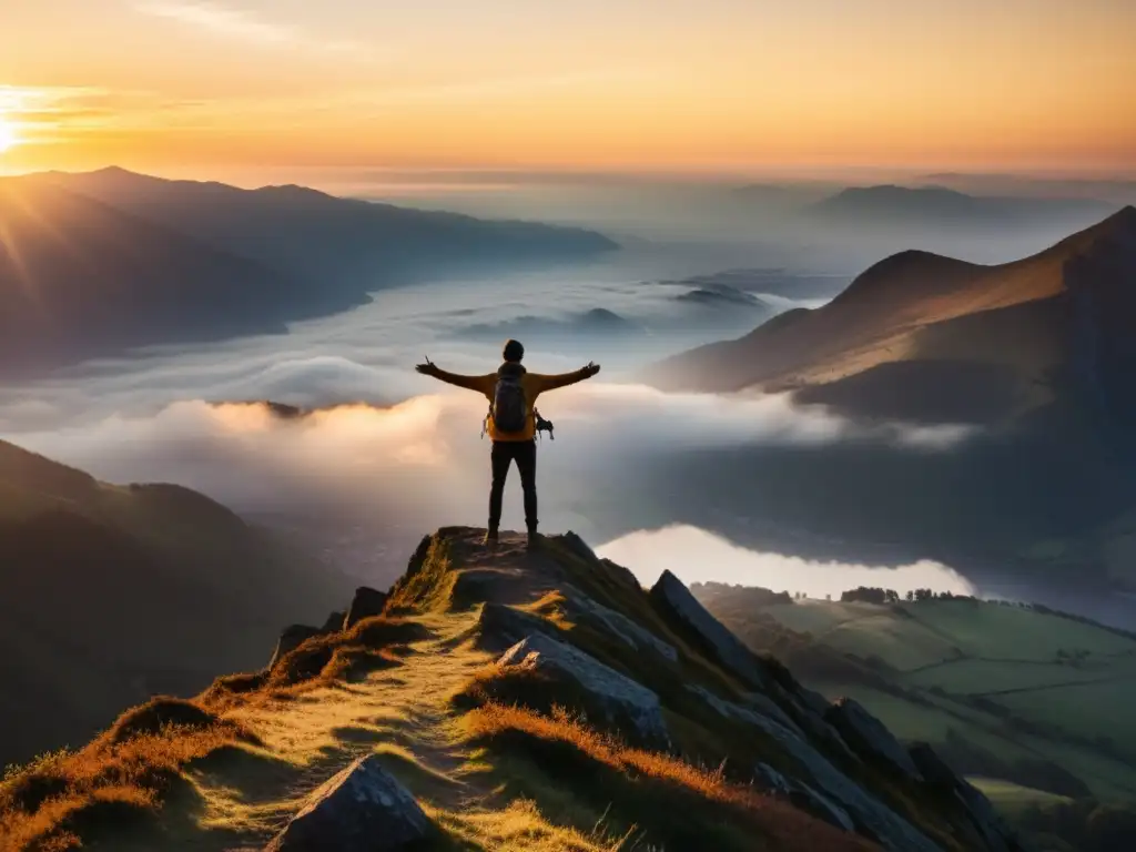 Una persona de pie en la cima de una montaña, con los brazos abiertos hacia el sol naciente sobre un valle brumoso