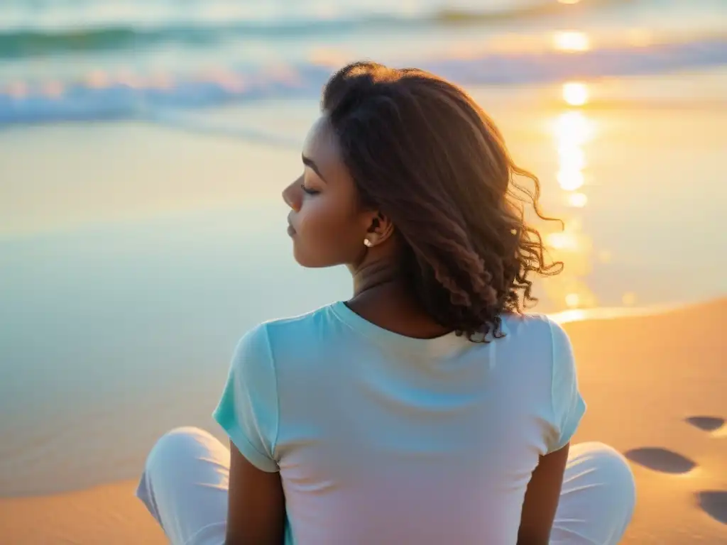 Persona en la playa al atardecer, meditando en paz