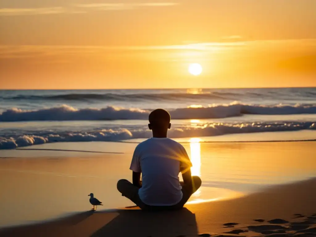 Persona meditando en la playa al amanecer, rodeada de calma y serenidad