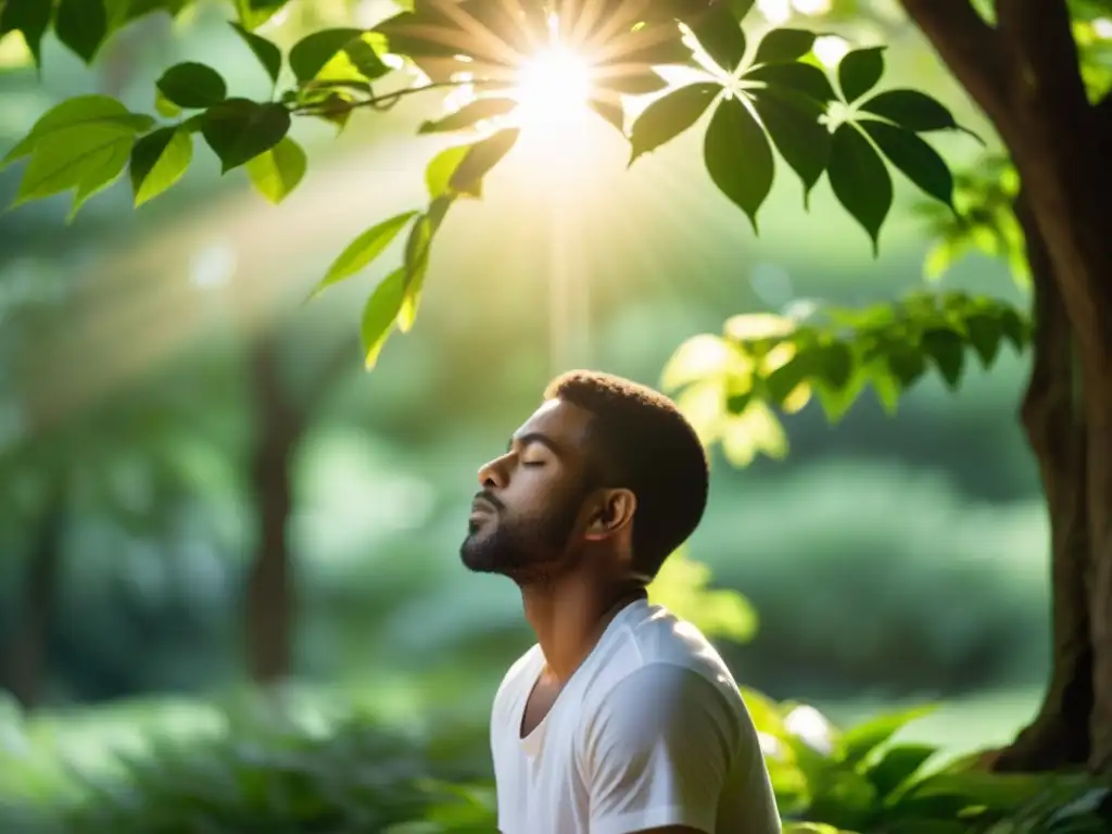 Una persona en posición meditativa, rodeada de naturaleza serena, evocando calma y bienestar para desactivar estrés sistema inmunológico