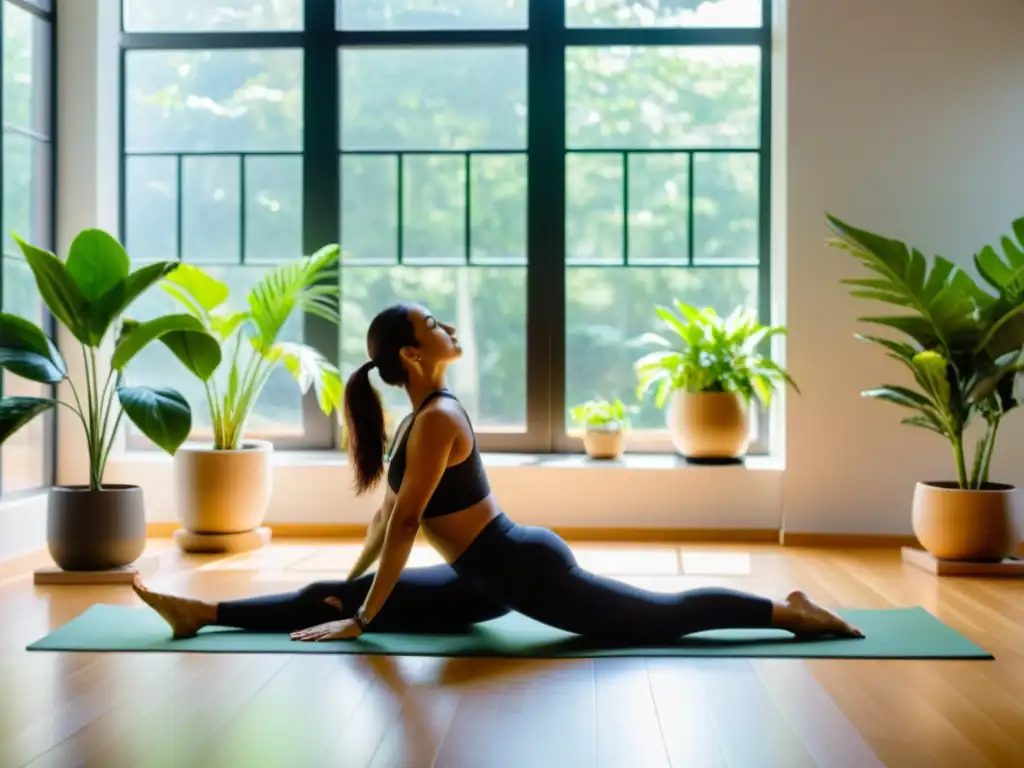 Persona en postura de perro boca abajo en un estudio de yoga sereno, con luz natural y plantas, perfecto para regular el sistema inmunológico con yoga