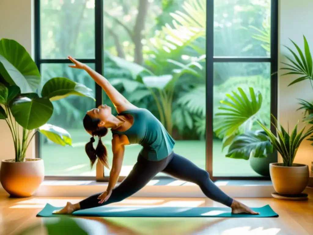 Persona en postura de yoga Guerrero II, rodeada de plantas verdes en un estudio iluminado por el sol