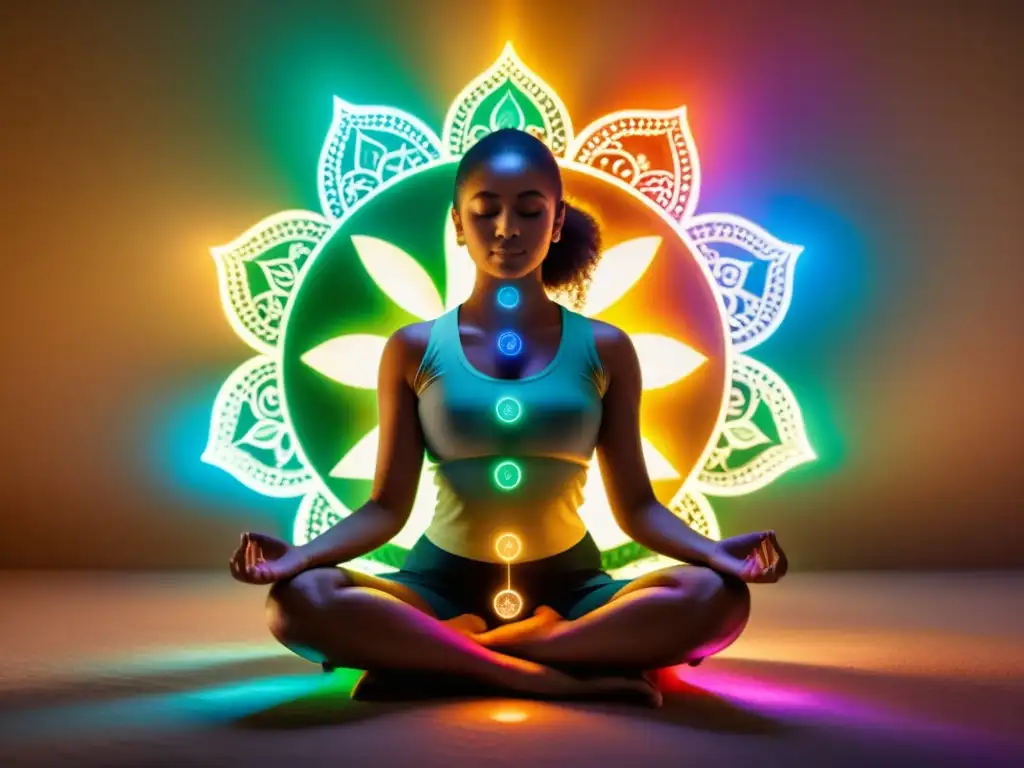 Persona en postura meditativa rodeada de coloridos símbolos de chakras, transmitiendo equilibrio y paz interior