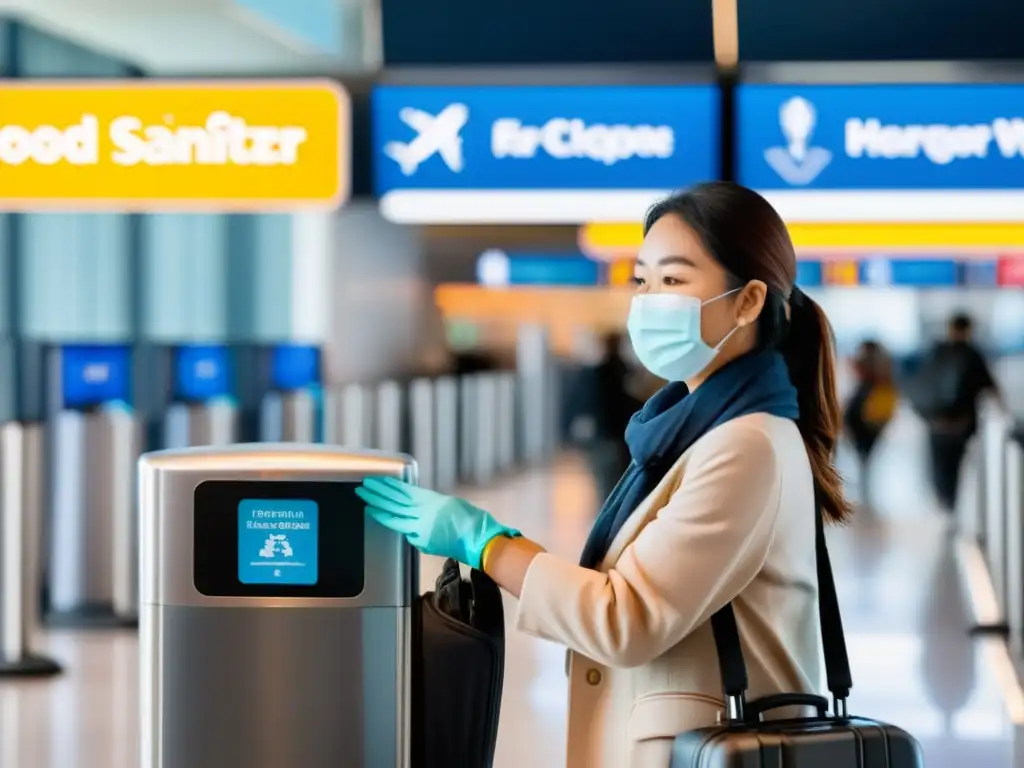 Persona tomando precauciones antes de viaje internacional, usando mascarilla y desinfectante de manos en aeropuerto concurrido