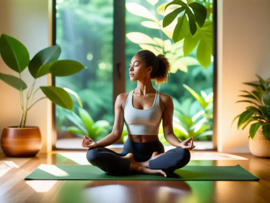 Persona en profunda meditación en un espacio soleado y tranquilo rodeado de vegetación, ideal para ejercicios de meditación para fortalecer defensas