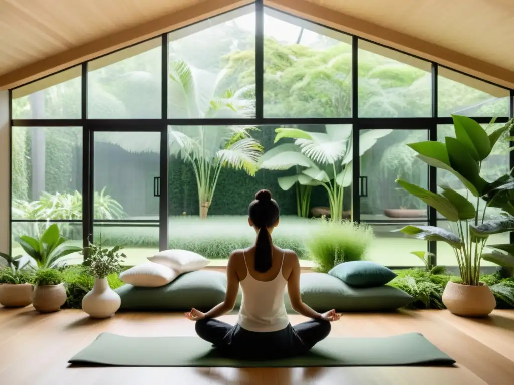 Persona en profunda meditación, rodeada de plantas en sala minimalista con vista a jardín, fortaleciendo sistema inmune con técnicas de meditación