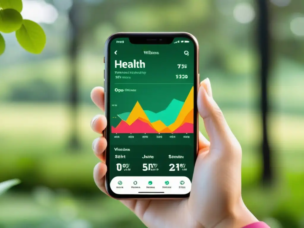 Persona relajada consulta app salud mental inmunológica, rodeada de naturaleza y luz, promoviendo bienestar integral