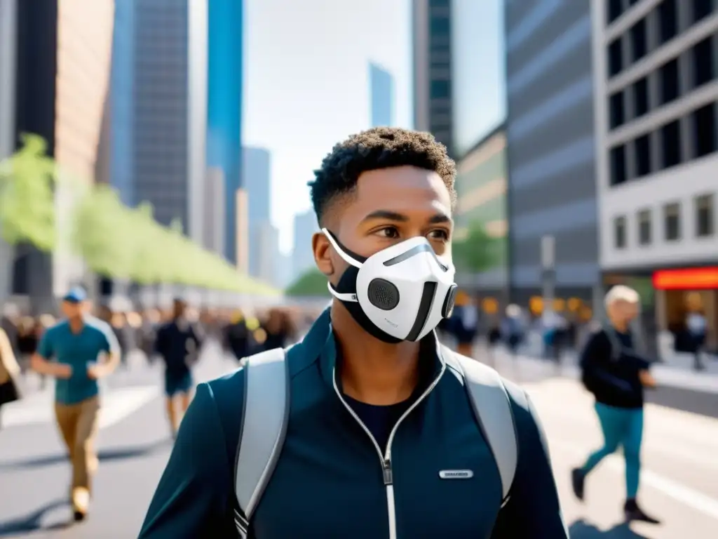 Persona usando un respirador personal inteligente en la ciudad, destacando su defensa inmunológica en entornos urbanos