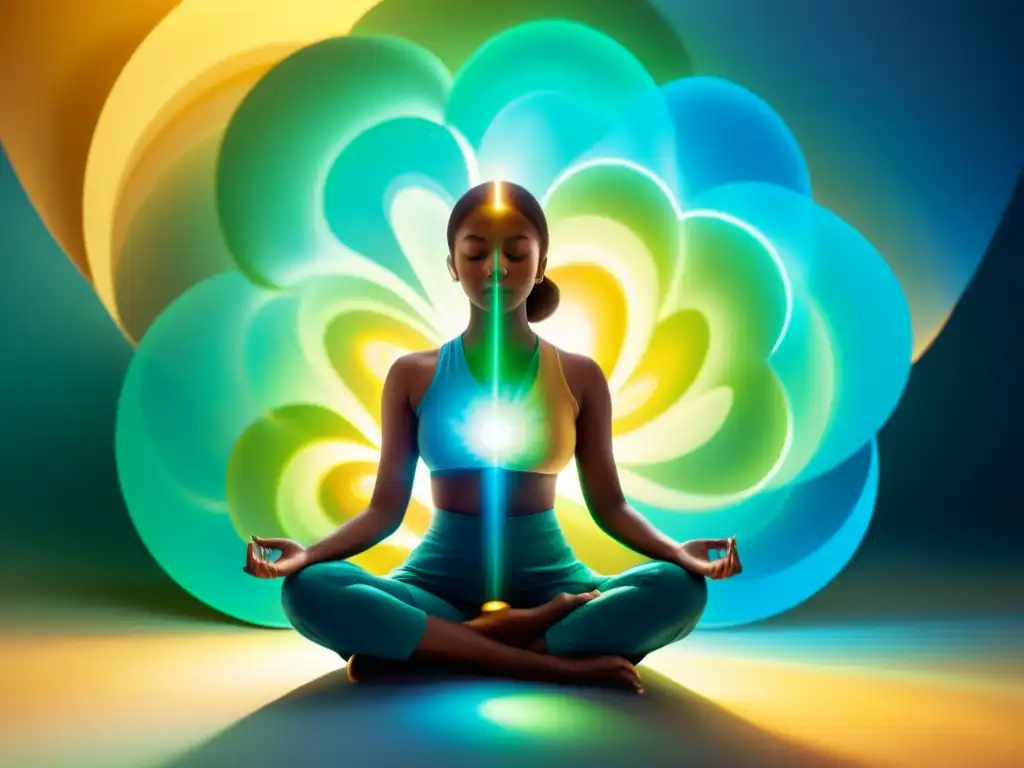 Persona meditando rodeada de energía calmante, beneficios pranayama sistema inmunológico