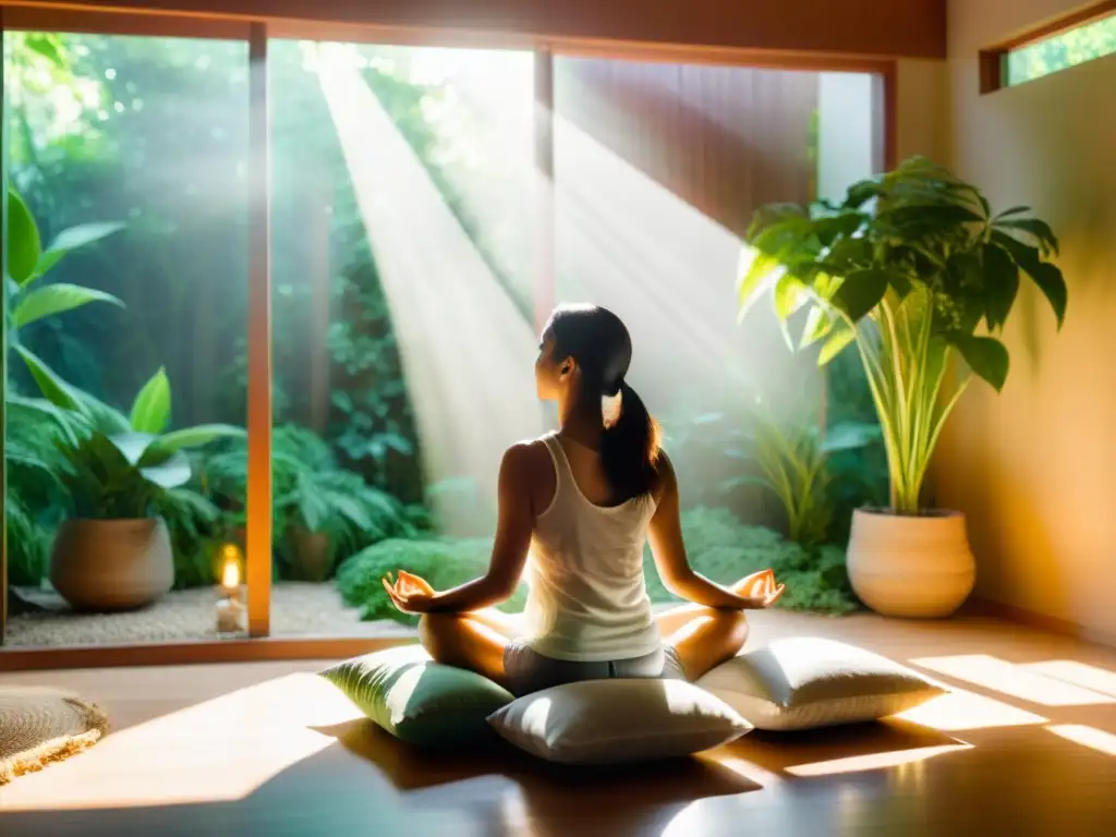 Persona en meditación, rodeada de vegetación exuberante y luz solar, con partículas brillantes