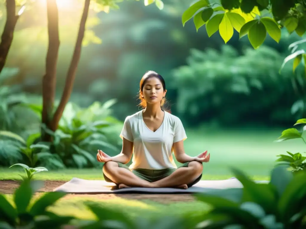 Una persona medita rodeada de naturaleza, transmitiendo calma y paz interior