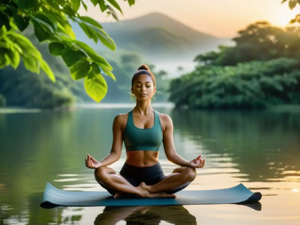 Una persona practica yoga al amanecer, rodeada de naturaleza serena y agua calmada, irradiando paz y fortaleza