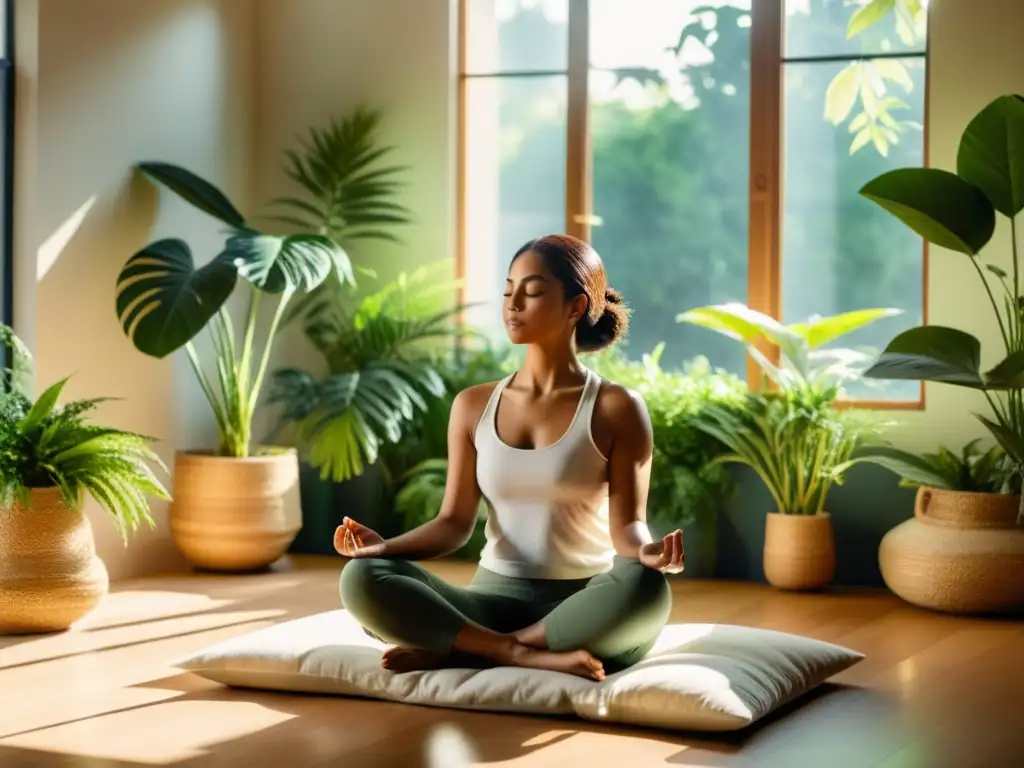 Persona en meditación, rodeada de plantas en un ambiente tranquilo y soleado