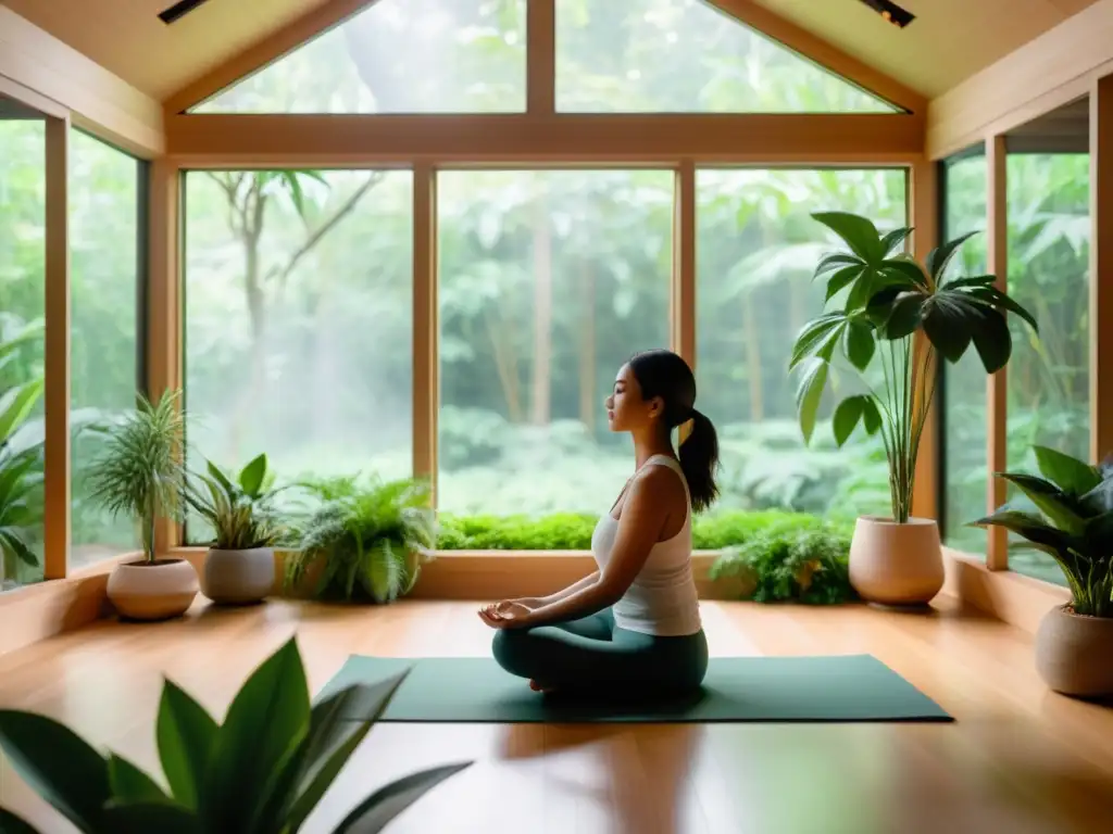 Persona en meditación, rodeada de plantas verdes en un espacio sereno