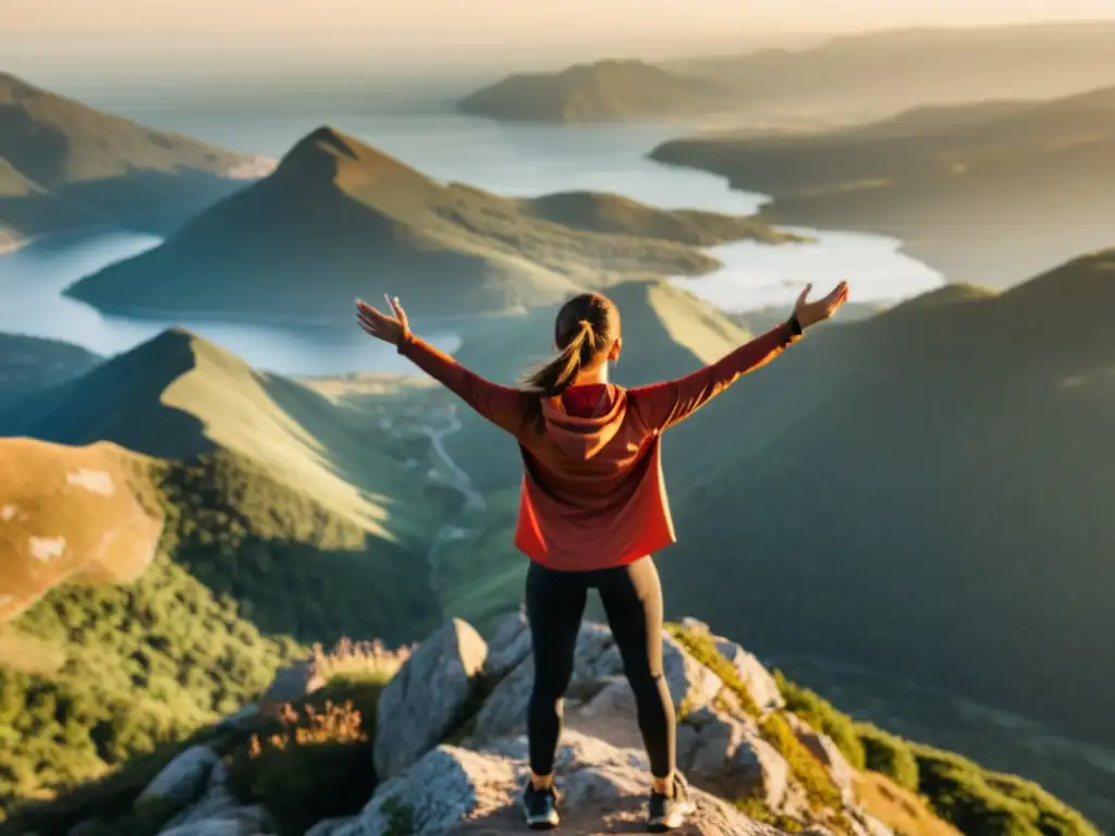 Una persona en ropa deportiva en la cima de una montaña al amanecer, irradiando determinación y fuerza