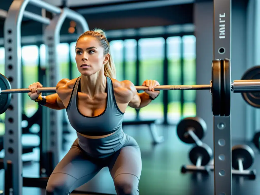 Persona en ropa deportiva haciendo levantamiento de pesas en un gimnasio moderno, enfocada y determinada, promoviendo el sistema inmunológico