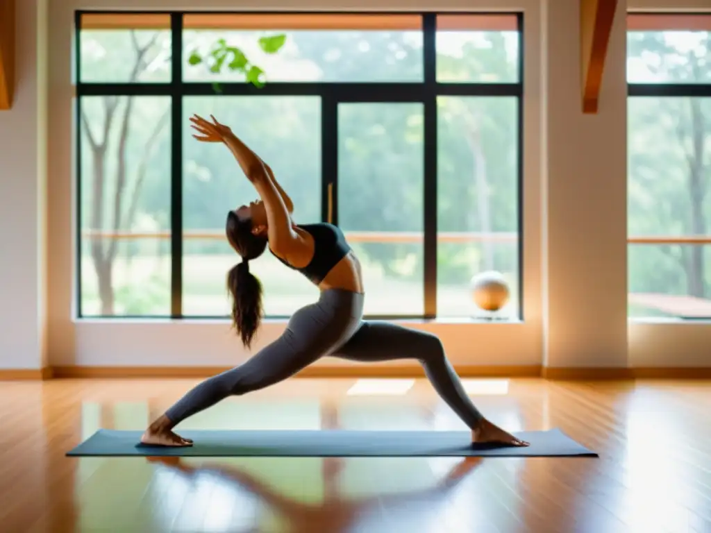 Una persona practica rutina de yoga para fortalecer sistema inmunológico en un estudio sereno con luz natural y plantas verdes