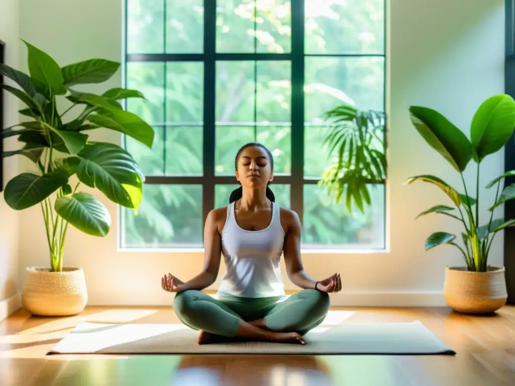 Persona meditando en sala luminosa, rodeada de plantas, vistiendo ropa cómoda