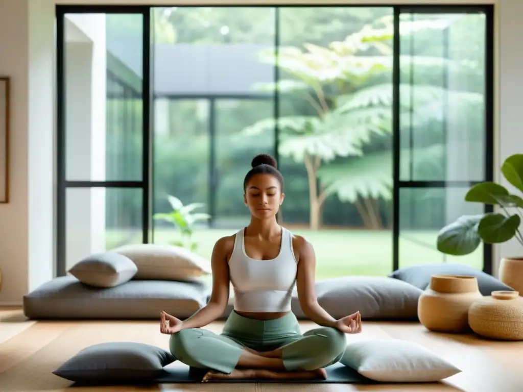 Persona meditando en sala minimalista con luz natural