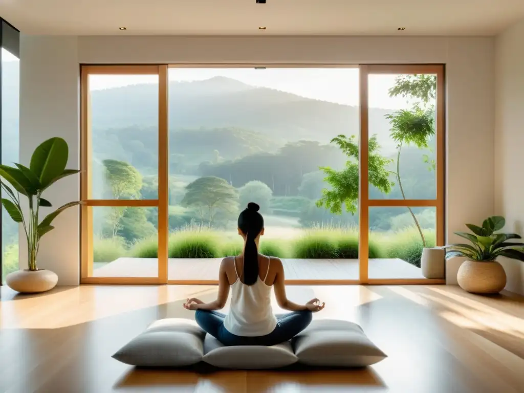 Persona meditando en sala moderna con vista a naturaleza, promoviendo relajación y ejercicios de meditación para fortalecer defensas