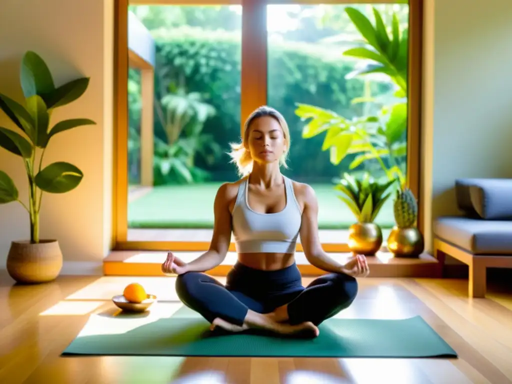 Persona meditando en sala con vista a jardín, promoviendo la importancia de la gratitud en inmunidad