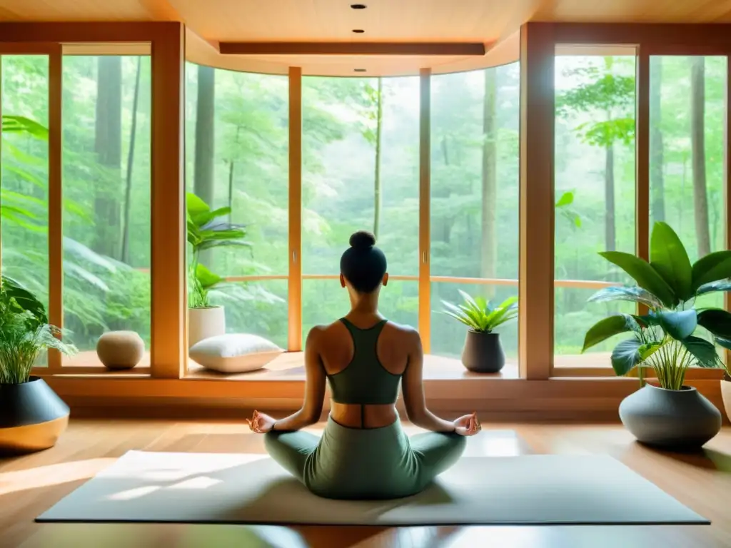 Persona meditando en sala con vistas a bosque, enfocada en beneficios de meditación en sistema inmunológico