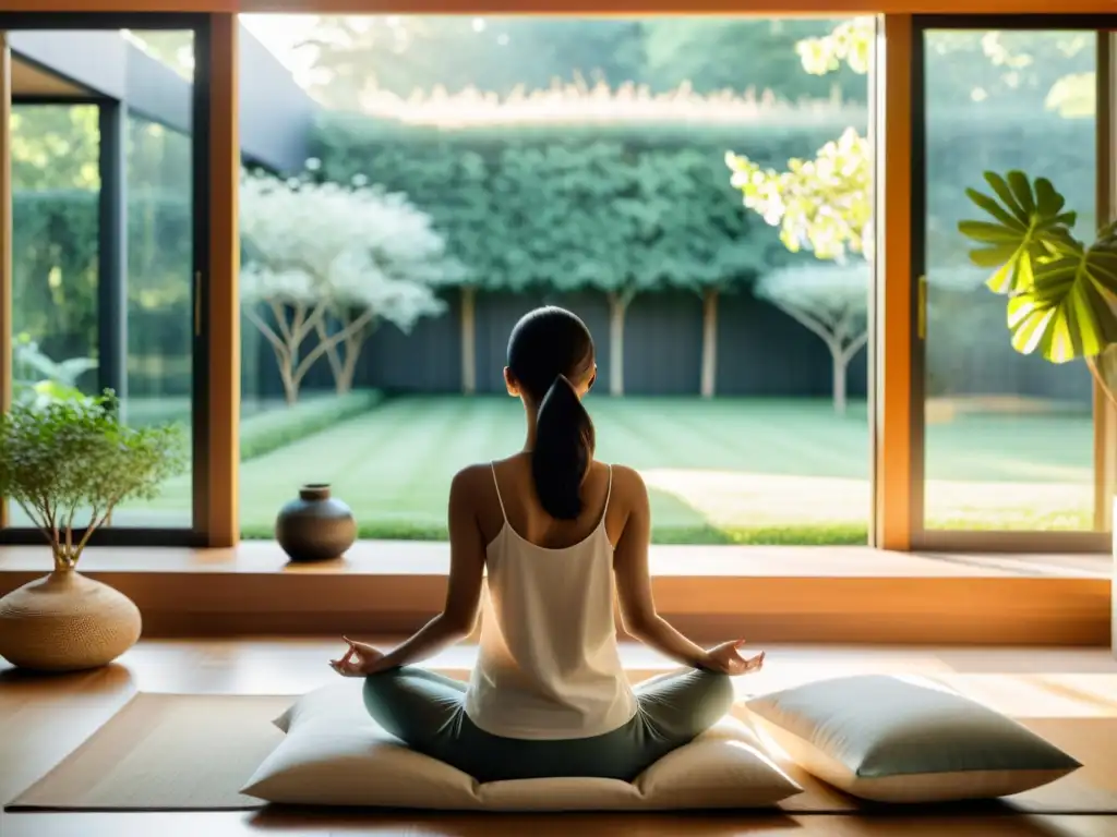 Persona meditando en un salón moderno con vista al jardín, transmitiendo calma y tranquilidad