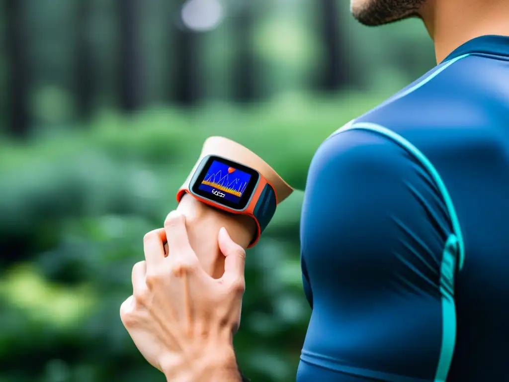 Persona con ECG portátil y salud inmunológica en actividad al aire libre, mostrando datos de frecuencia cardíaca en tiempo real