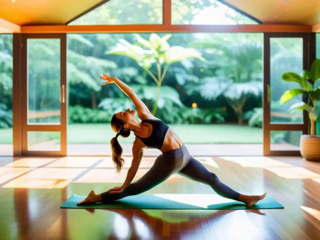 Persona practicando secuencias de yoga para sistema inmunológico en estudio soleado con vistas al jardín exuberante