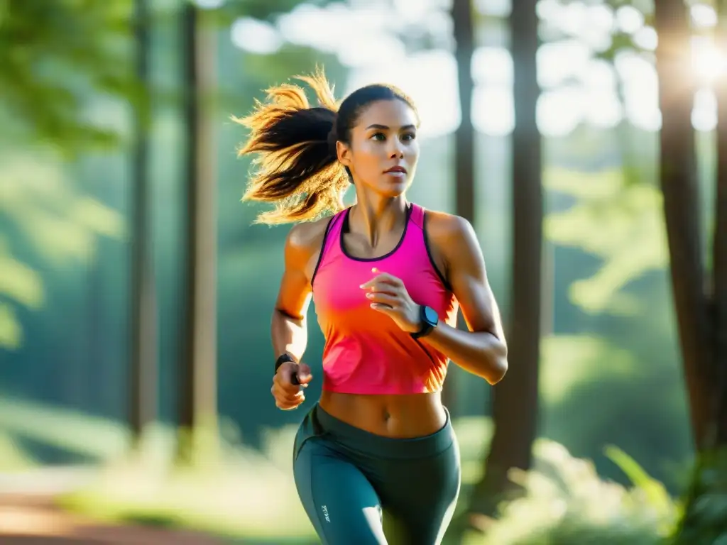 Persona con seguimiento actividad física sistema inmunológico corriendo en un entorno natural con luz dorada entre árboles