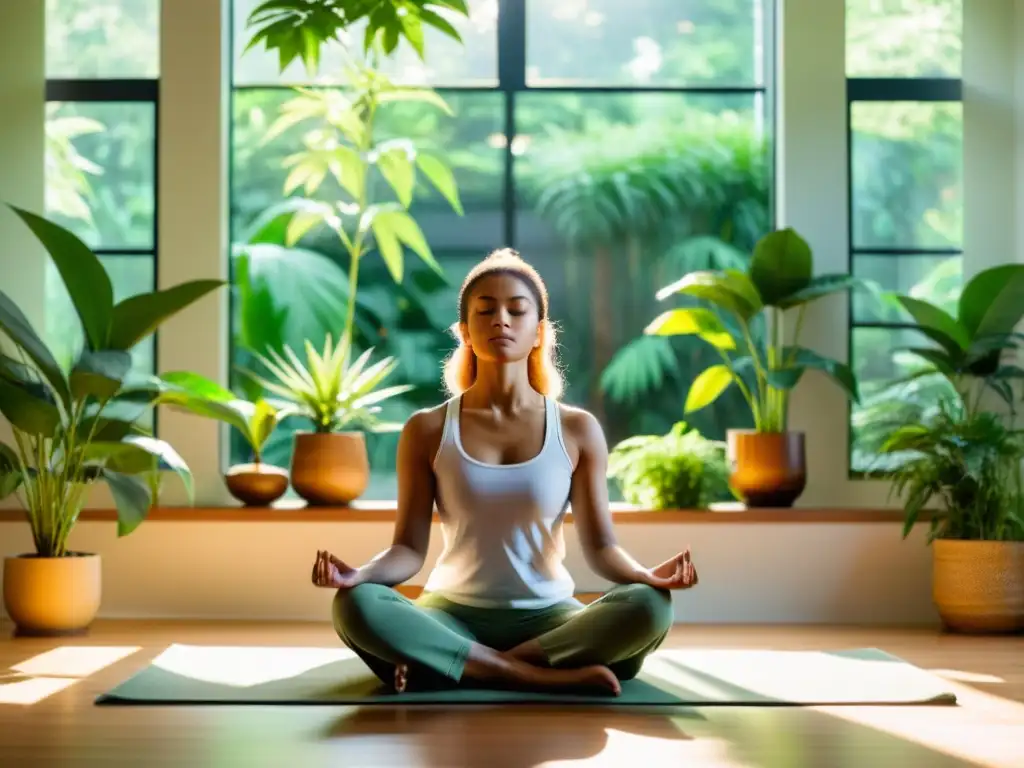 'Persona practicando mindfulness para fortalecer sistema inmunológico en un ambiente sereno y lleno de plantas verdes'