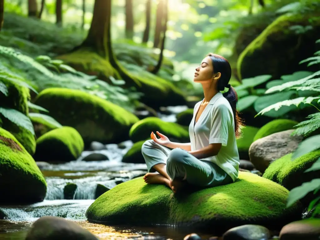 Persona practicando mindfulness para fortalecer sistema inmunológico en un bosque sereno y tranquilo