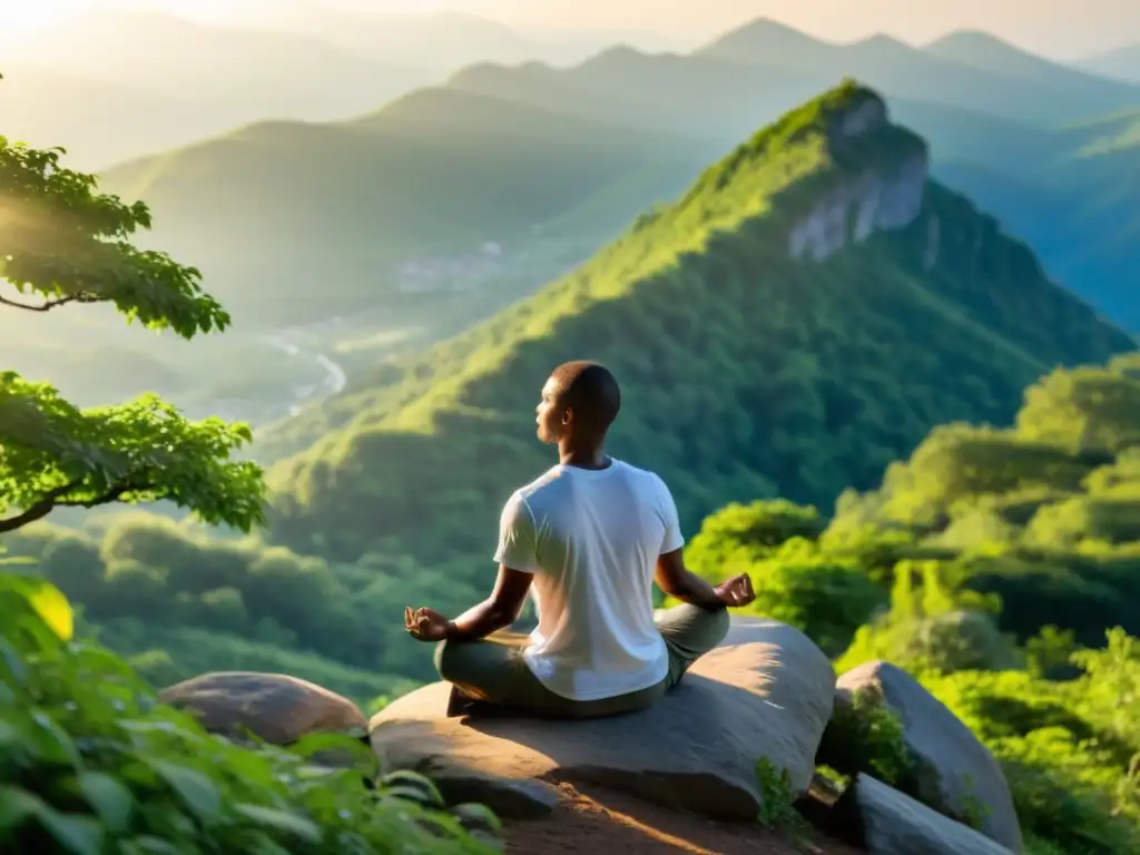 Persona practicando mindfulness para fortalecer sistema inmunológico en la cima de la montaña, en conexión con la naturaleza y serenidad