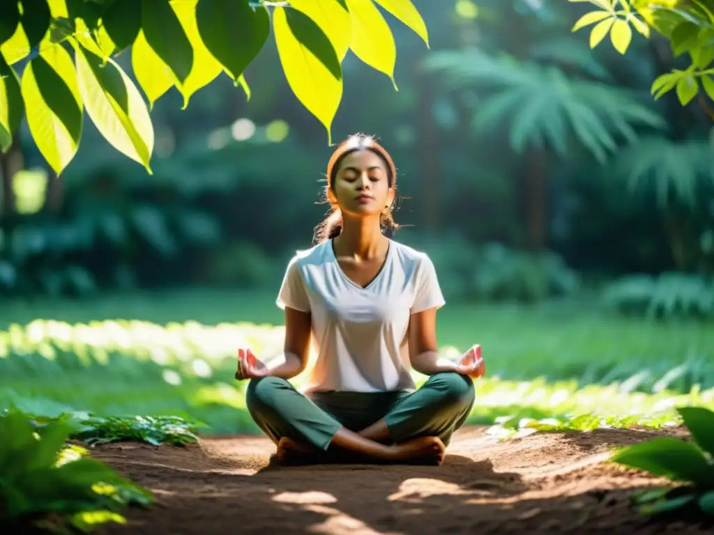 Persona practicando mindfulness para fortalecer sistema inmunológico en entorno natural sereno