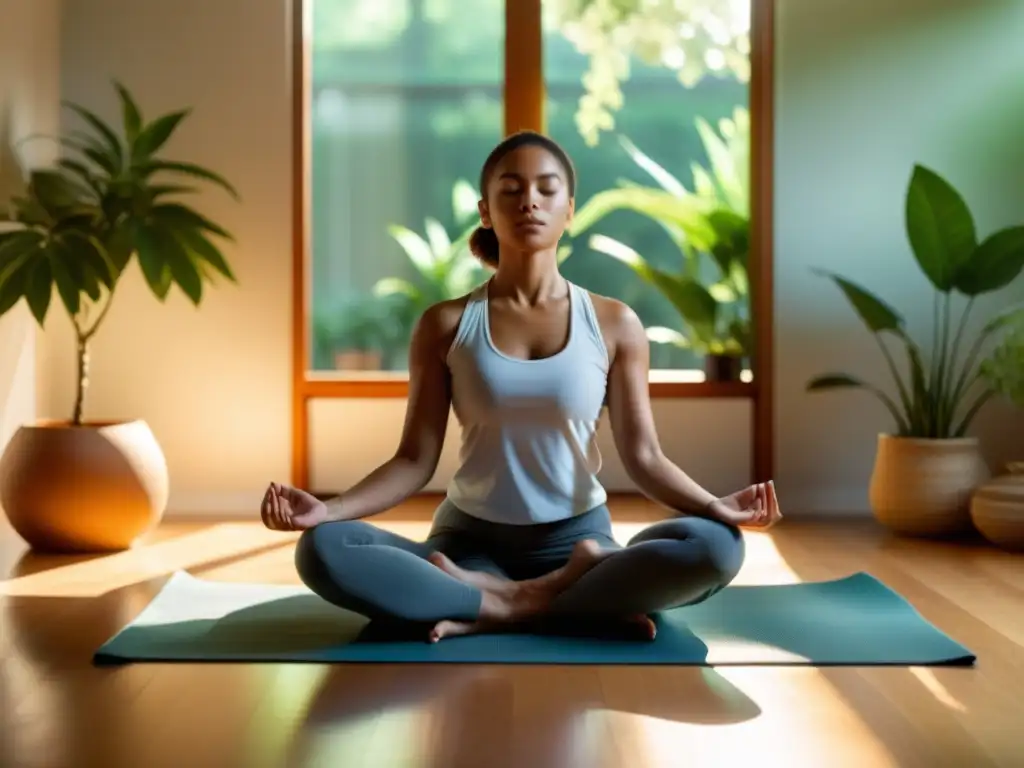 Persona en meditación para fortalecer sistema inmunológico en habitación iluminada por el sol, rodeada de calma y serenidad