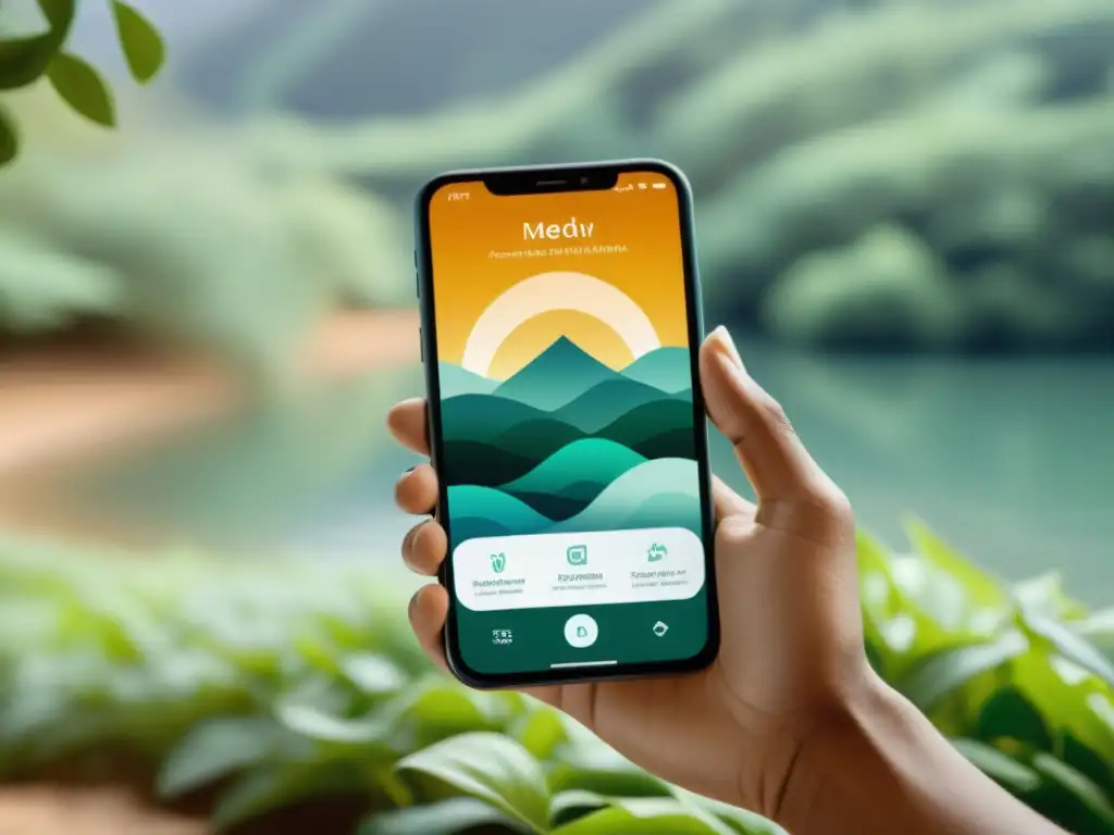 Persona sostiene smartphone con app de meditación para sistema inmunológico en ambiente sereno y moderno, con escena natural relajante en pantalla