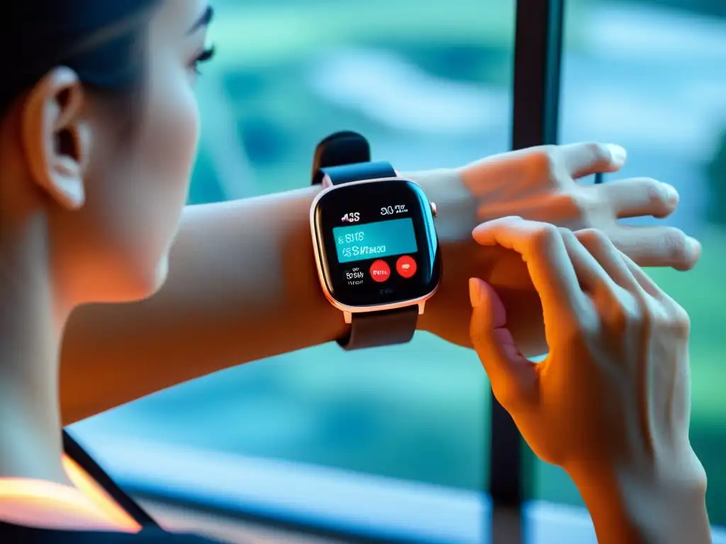 Persona usando un smartwatch futurista con datos en tiempo real de actividad física y notificaciones de salud