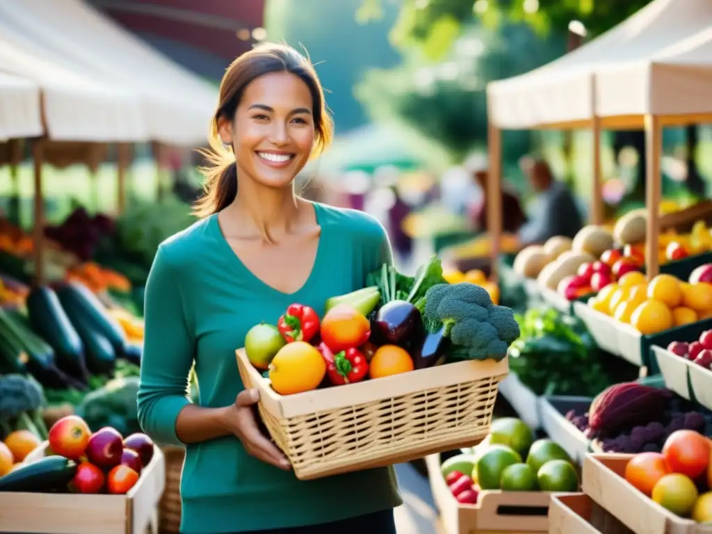 Una persona sonriente sostiene una canasta llena de frutas y verduras orgánicas en un mercado soleado