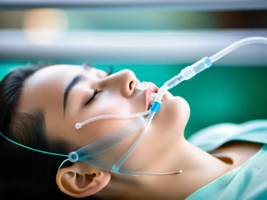 Una persona con un suave tubo nasal, ojos cerrados y una sonrisa tranquila en un entorno hospitalario reconfortante